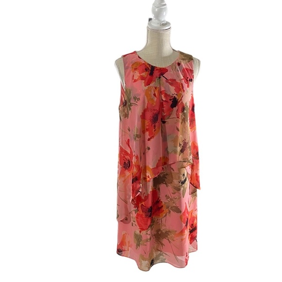 Ralph Lauren Women Coral Floral Sleeveless Lined 1/4 Zip Midi Shift Dress Sz 14 - Picture 1 of 15
